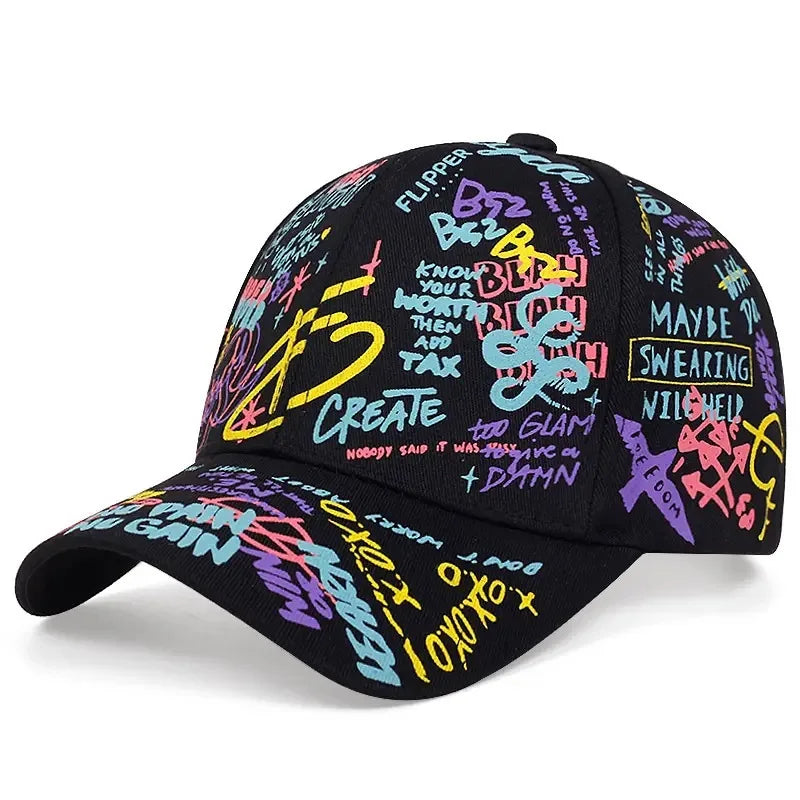 Cappellino da baseball hip-hop con graffiti colorati, cappellino casual con visiera a becco d’anatra stampato per proteggersi dal sole, personalizzabile per uomo e donna