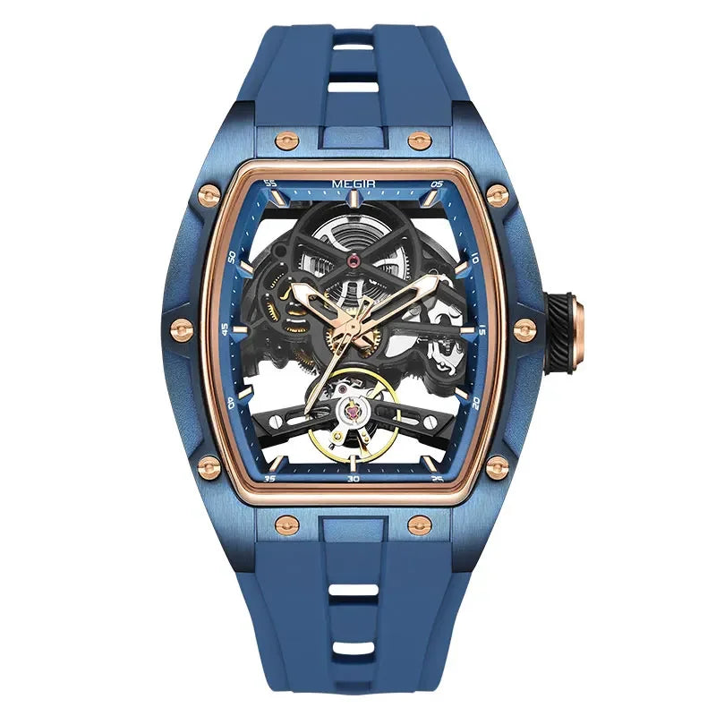 Relógio de pulso automático MEGIR para homem, com bracelete em silicone preto, impermeável, luminoso, desportivo e mecânico, com mostrador tonneau 2242