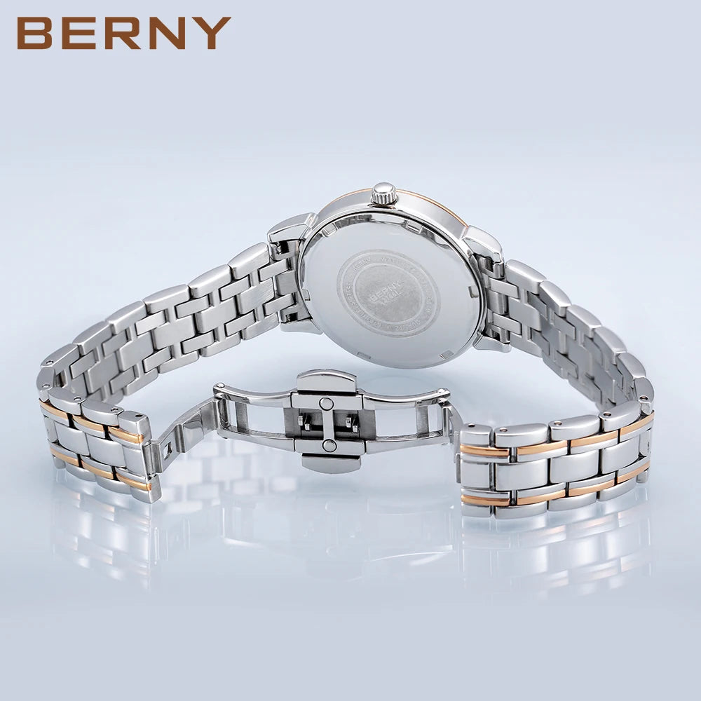 BERNY Women Watch Ladies Quartz Roman Numerals Day Top Calendar Watches Sapphire Glass Solid Steel Strap Women Wristwatch