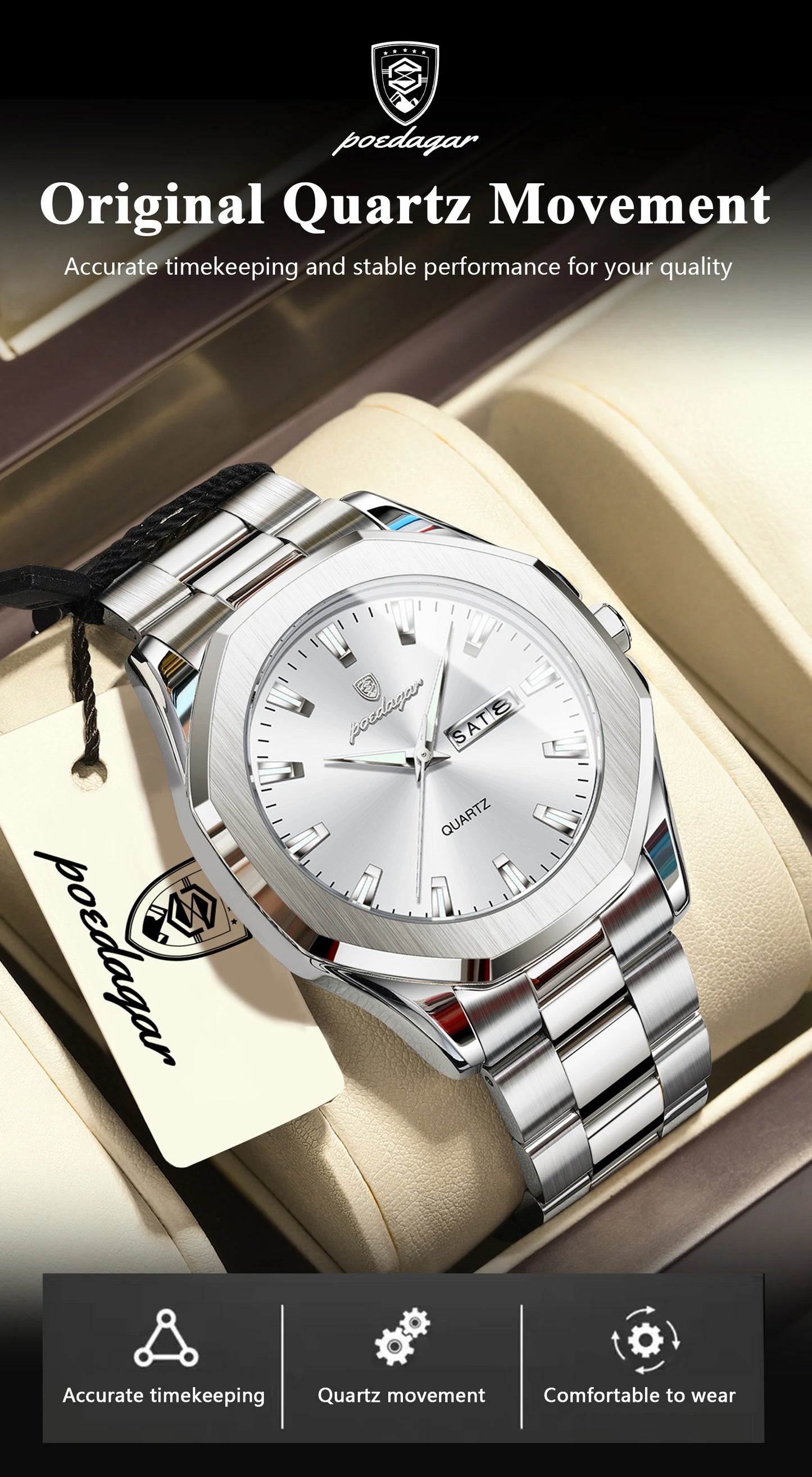 POEDAGAR Luxury Men Wristwatch Waterproof Luminous Week Date Casual Man Clock Stainless Steel Quartz Fashion Men's Watches Reloj