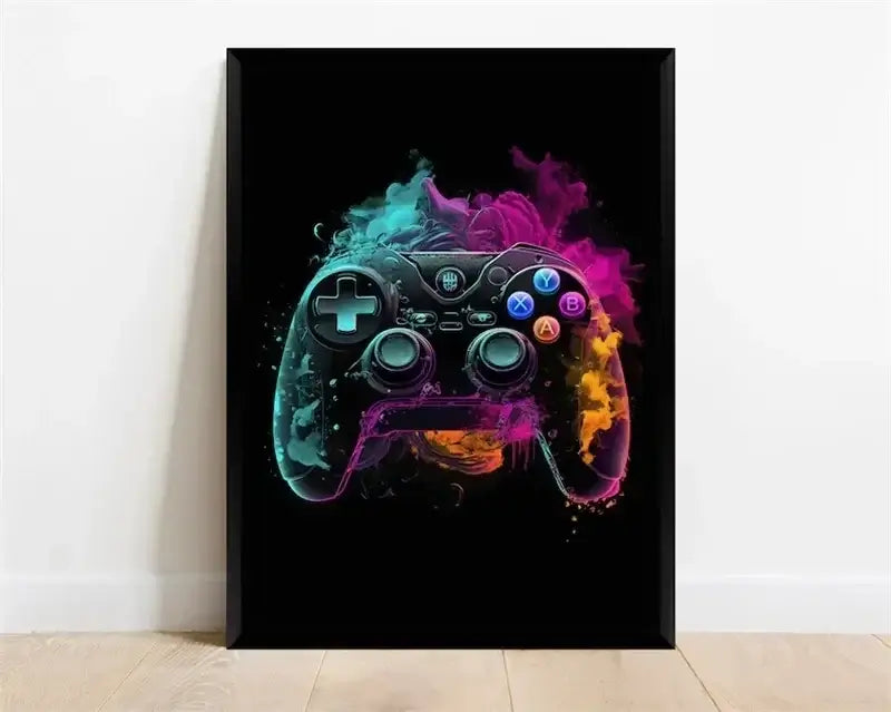 Pop-Neon-Poster mit Videospiel-Charakter, Gamepad, Kopfhörern, Fußball und Basketball – Leinwanddruck, Wandkunst-Dekor für das Gaming-Zimmer