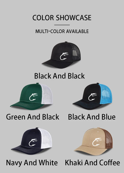 Bass Fish Hook Print Trucker Hat Adjustable Unisex Mesh Fishing Fan Sun Hat