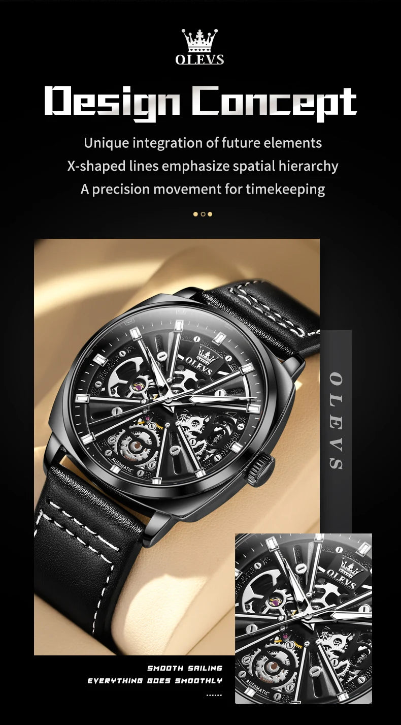 OLEVS 6685 Men's Watches Mechanical Wristwatch 30m Waterproof Luminous Leather Strap Original Man Watch