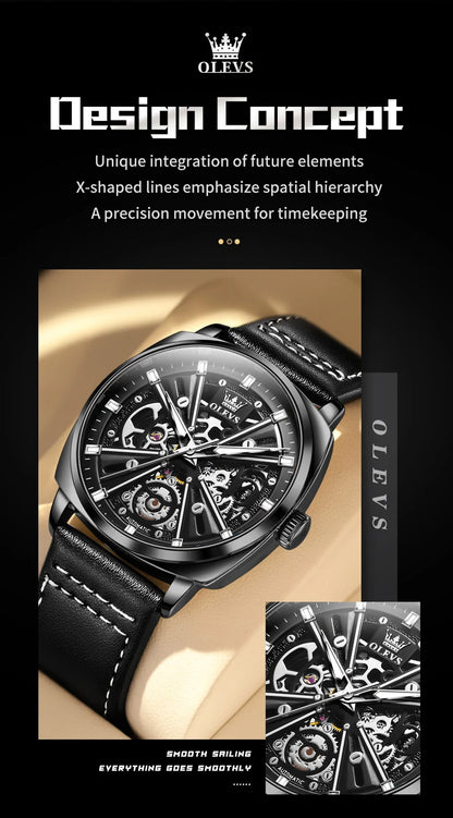 OLEVS 6685 Men's Watches Mechanical Wristwatch 30m Waterproof Luminous Leather Strap Original Man Watch