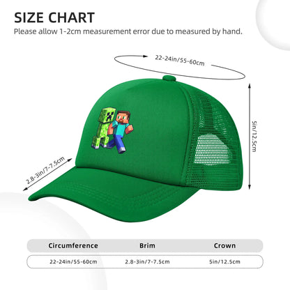 blocky adventurer discover a Creepers monster behind him Trucker Cap Sun Hats Cap Adjustable Snapback Caps Mesh Baseball Cap