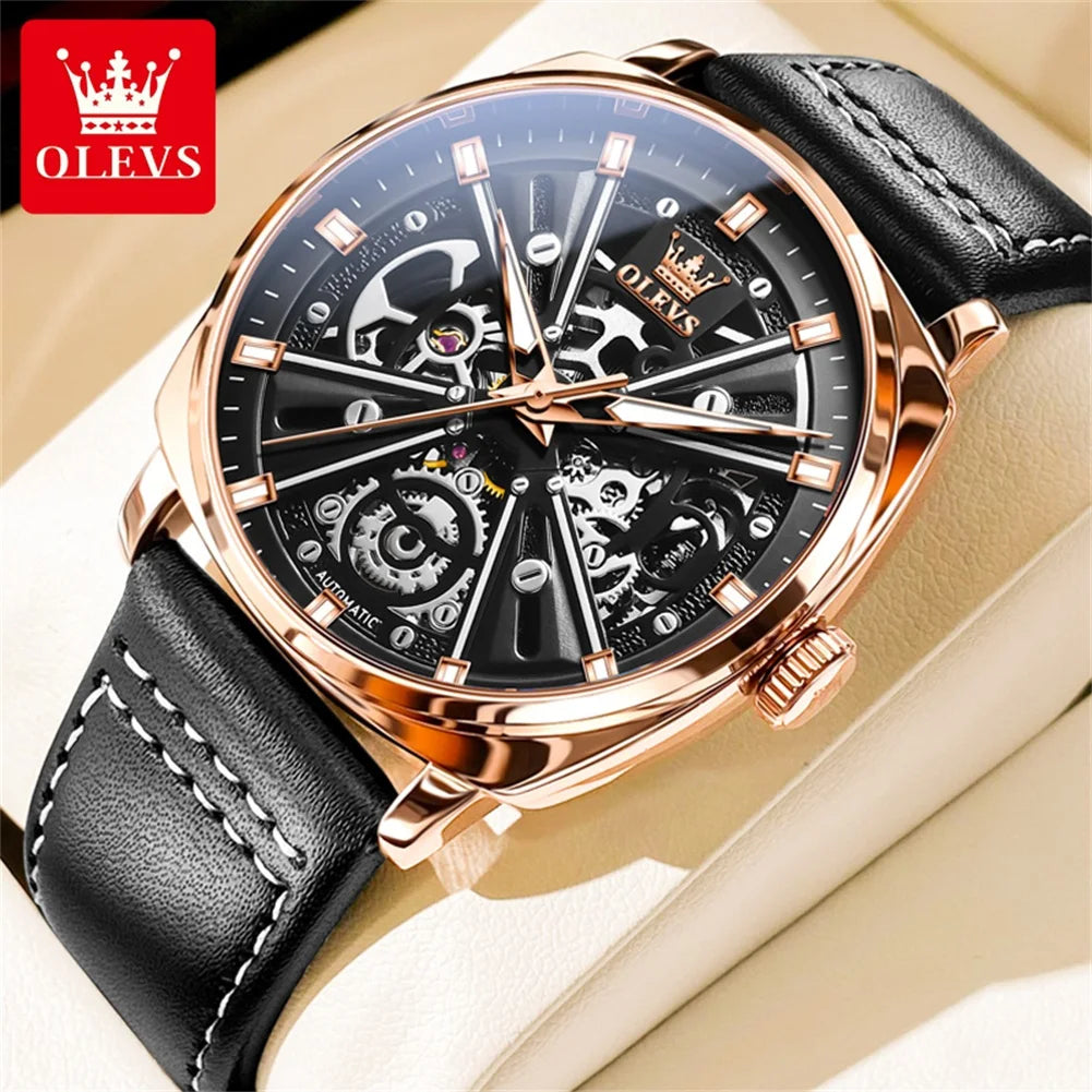OLEVS 6685 Men's Watches Mechanical Wristwatch 30m Waterproof Luminous Leather Strap Original Man Watch