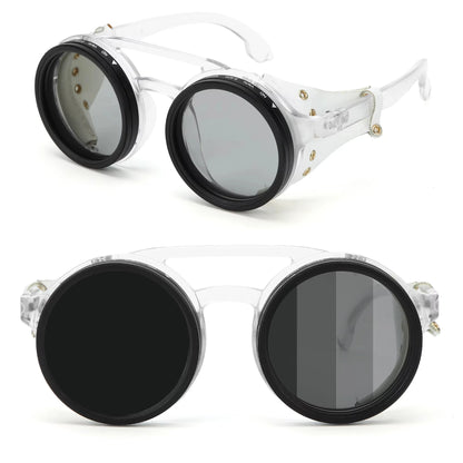 Adjustable 9-Gear ND Filter Steampunk Sunglasses UV400 Round Retro Punk Sun Glasses with Side Shields Leather Patch for Men Wome