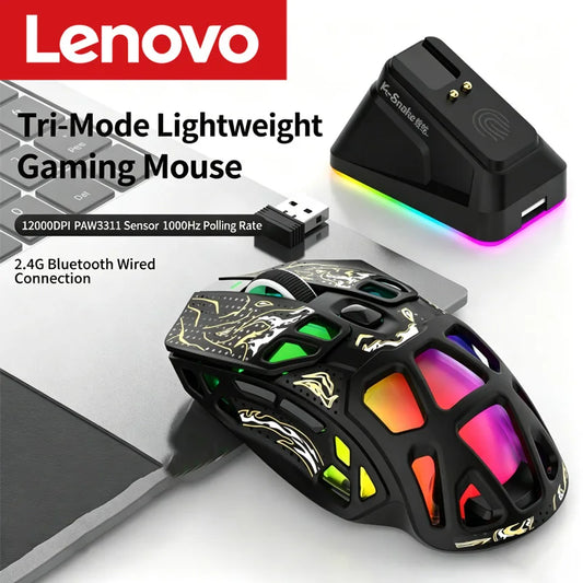 Lenovo hárommódú, könnyű gaming egér RGB töltődokkolóval, 12000DPI, 2.4G/Bluetooth/vezetékes, ergonomikus egér PC-hez és laptophoz