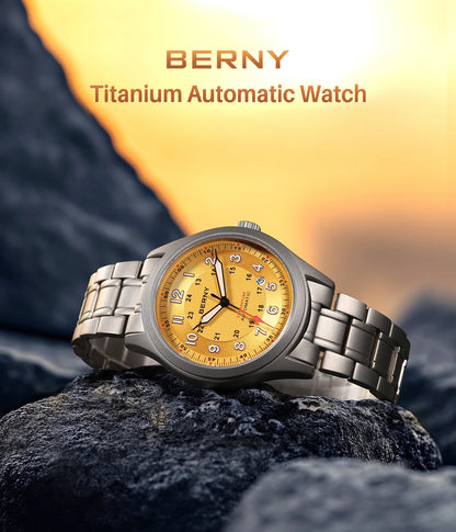 BERNY Full Titanium Automatic Watches for Men Super Luminous Sapphire Mechanical Field Watch Date 10ATM Sports Easy Read