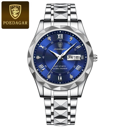 Reloj de hombre POEDAGAR Business Luxury, resistente al agua, de acero inoxidable, luminiscente, con fecha y día de la semana, estilo deportivo, de cuarzo.