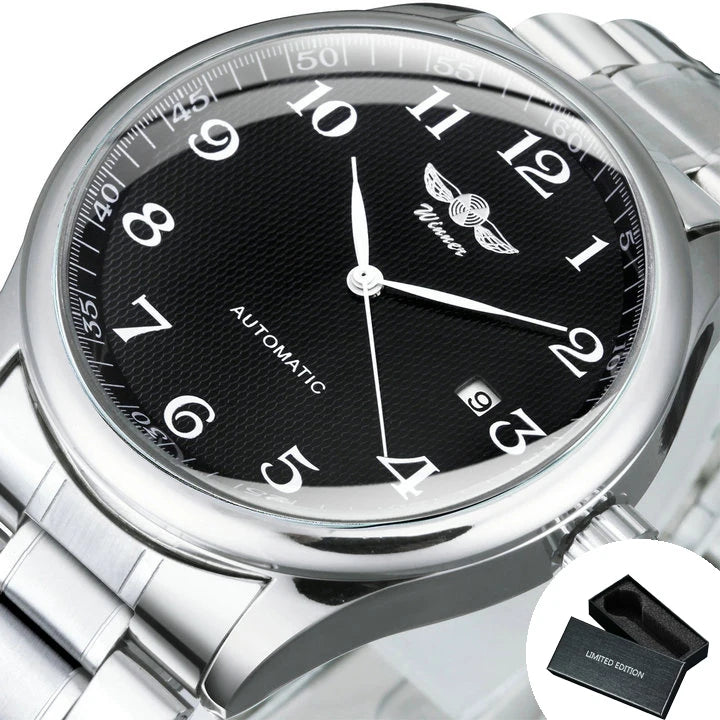 WINNER Men’s Watch – Classic, retro and elegant style – Automatic mechanical watch with date display – Luxury brand, steel case and leather strap