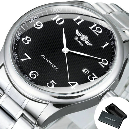 WINNER Men’s Watch – Classic, retro and elegant style – Automatic mechanical watch with date display – Luxury brand, steel case and leather strap