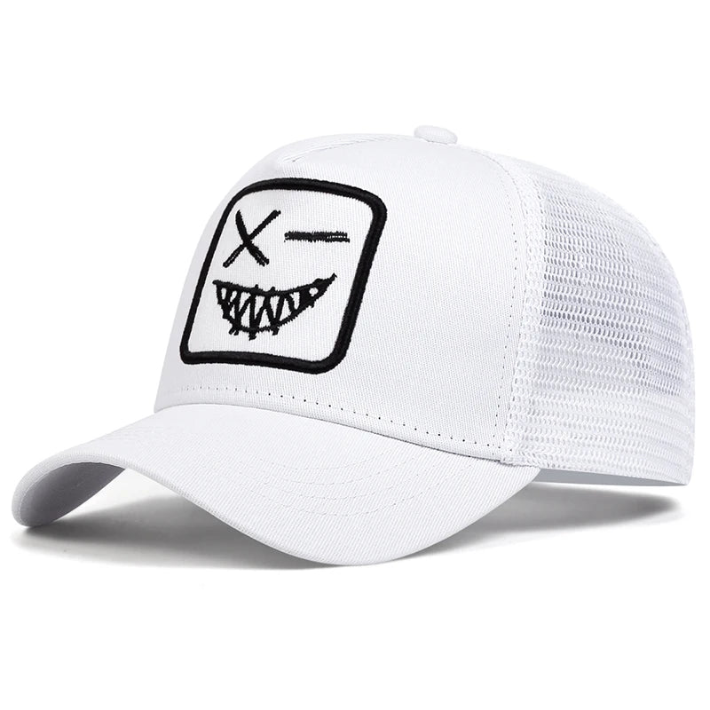 Unisex X Baseball-Netzkappen mit Stickerei eines lächelnden Gesichts und Zähnen – Sonnenhut für Frühling und Sommer, im Freien, mit Sonnenschutz, verstellbare Freizeit-Trucker-Kappen