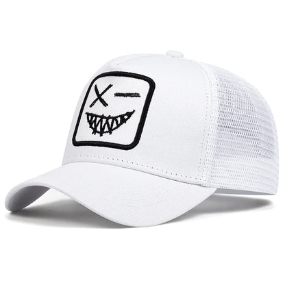 Unisex X Baseball-Netzkappen mit Stickerei eines lächelnden Gesichts und Zähnen – Sonnenhut für Frühling und Sommer, im Freien, mit Sonnenschutz, verstellbare Freizeit-Trucker-Kappen