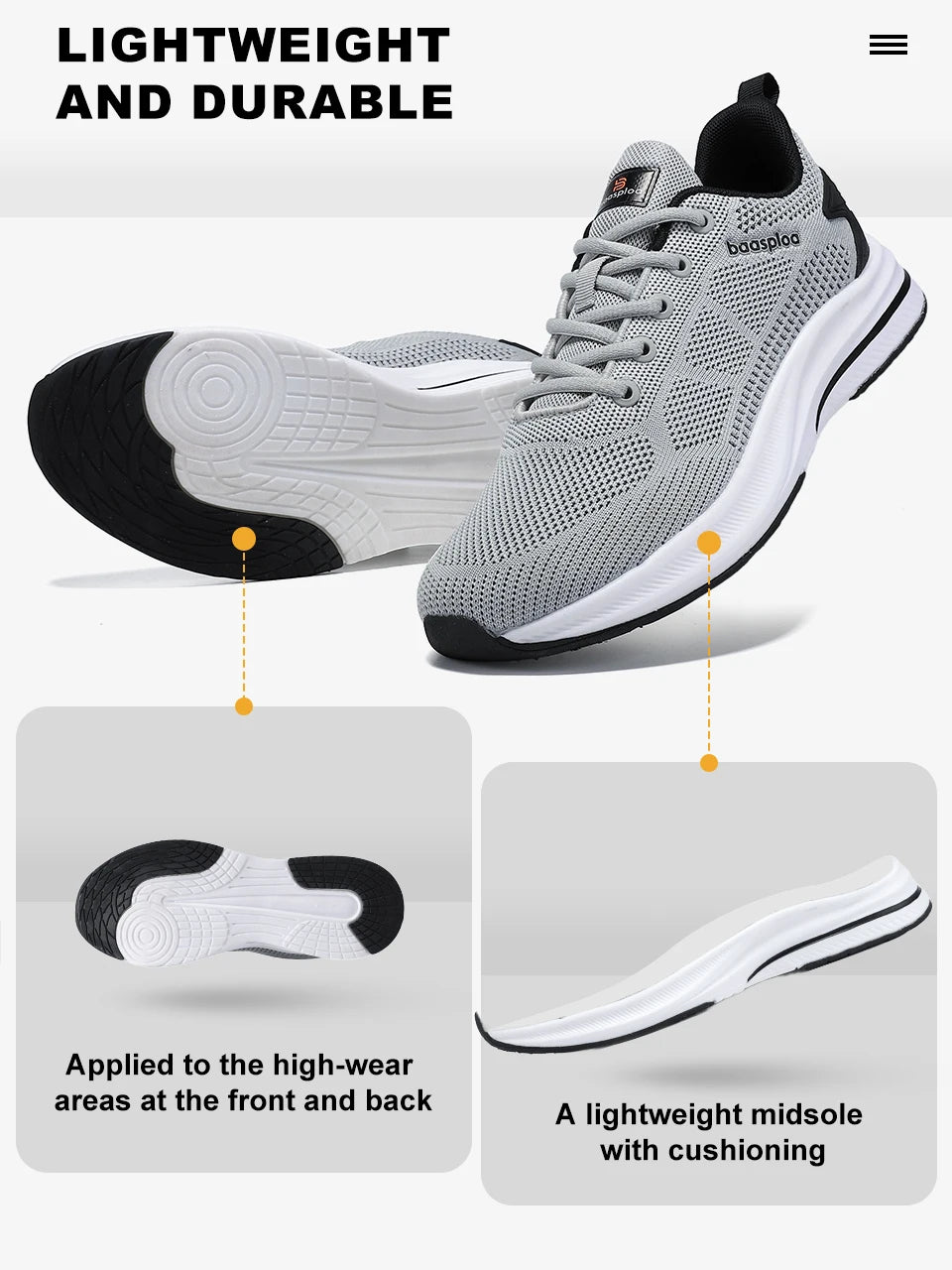Chaussures de course Baasploa pour homme : nouvelles baskets décontractées légères en mesh, de créateur, respirantes, à lacets, pour le sport et la marche en extérieur