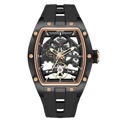 Relógio de pulso automático MEGIR para homem, com bracelete em silicone preto, impermeável, luminoso, desportivo e mecânico, com mostrador tonneau 2242