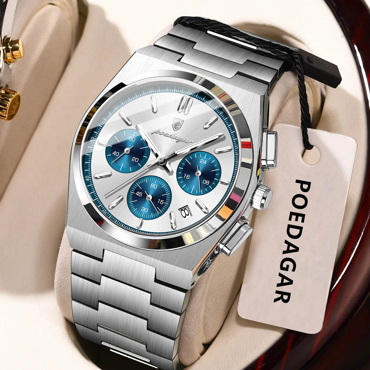 Montre pour homme POEDAGAR – Chronographe de luxe en acier inoxydable, avec date, étanche et luminescente – Montre-bracelet sportive à quartz