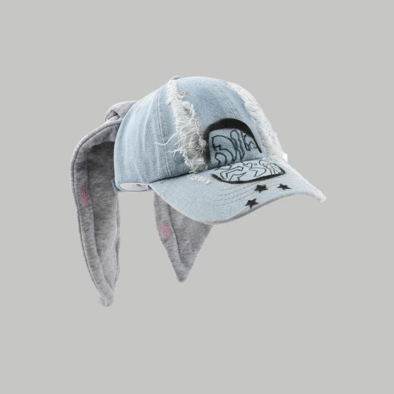 Celebrity-Inspired Niche Rabbit Ear Denim Ripped Baseball Cap Washed Graffiti Hip-Hop Sun Hat Trendy Cap