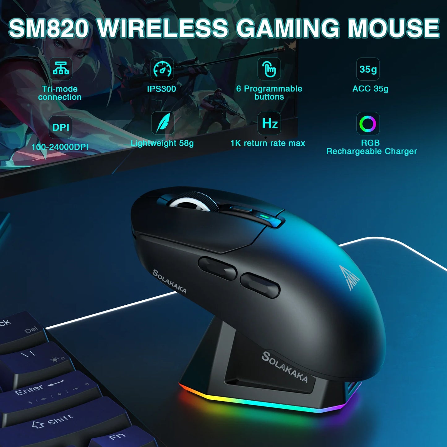 SOLAKAKA SM820 trådlös mus i tre lägen med magnetisk laddningsdocka, RGB, PAW3311, 24000DPI, trådlös makro-gamingmus, ultralätt