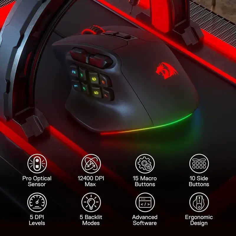 Rato Gaming MMO Redragon M811 Aatrox, 15 Botões Programáveis, Rato Gamer RGB com Fio e Design Ergonómico de Pegada Natural