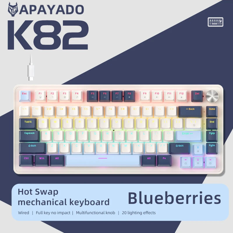 APAYADO 75% Gaming Keyboard Wired with Metal Knob, Hot-Swap K82 Black Mechanical Keyboard,ABS Transparent Character RGB