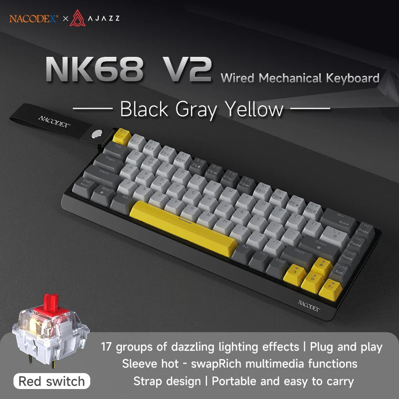 AJAZZ NK68 V2 Wired Mechanical Keyboard Plug and Play 65% Layout Design Sleeve Hot 68-Key Keyboard Colorful Backlight for PC