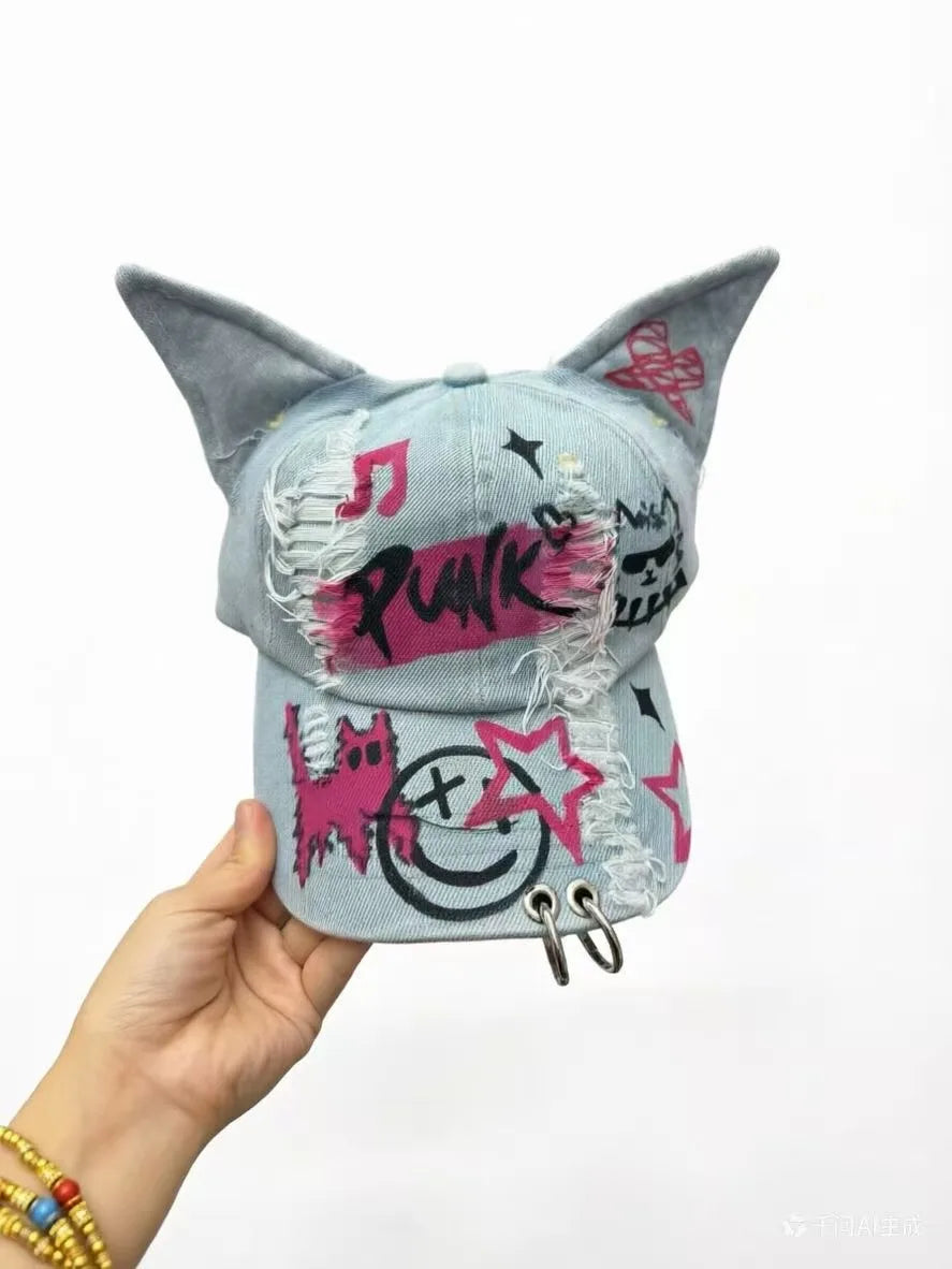 Celebrity-Inspired Niche Rabbit Ear Denim Ripped Baseball Cap Washed Graffiti Hip-Hop Sun Hat Trendy Cap