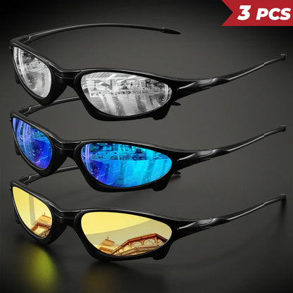 3PCS Futuristic Small Frame Colorful Sports Sunglasses - Wraparound Fit, UV400 for Cycling, Fishing & Travel
