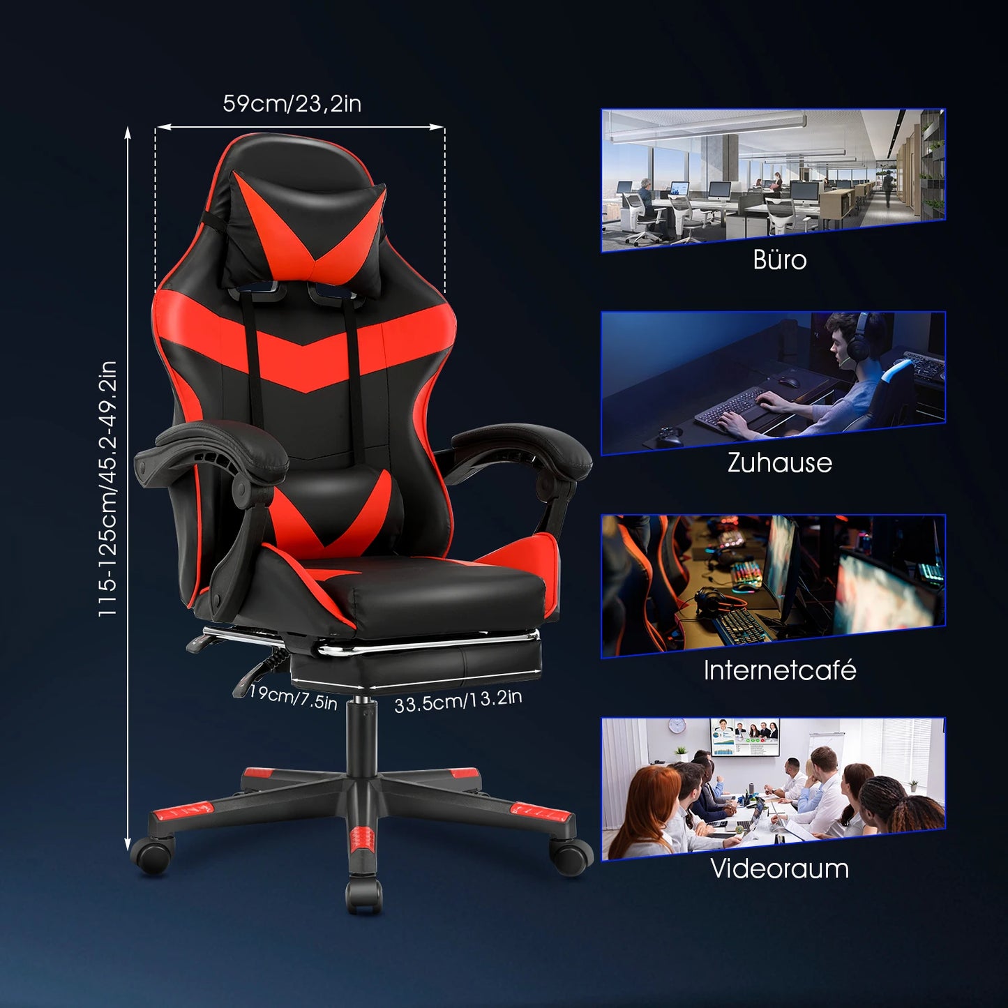 Ergonomic Gaming Chair Heavy Duty Office Desk Chair with Adjustable Backrest, Lumbar Support, Cushioned Seat, PU Leather Computer Chair