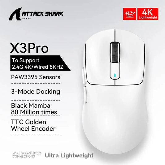 ATTACK SHARK X3/X3PRO 4K/8K vezeték nélküli gaming egér, 26K DPI, három üzemmód (vezetékes/2.4GHz/BT5.2), könnyű kivitel, PAW3395 szenzor játékosoknak