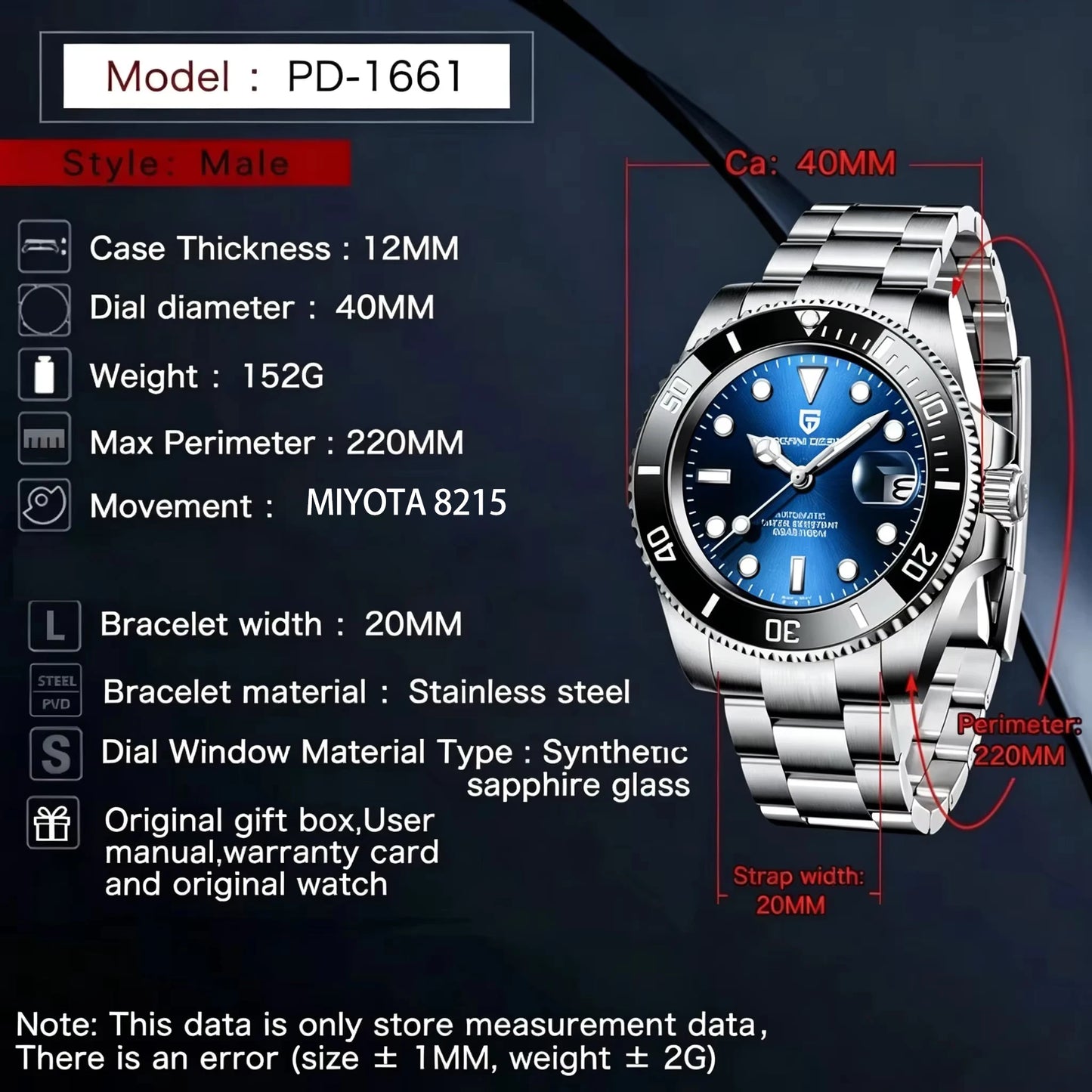 PAGANI DESIGN Men's Automatic Mechanical Watch PD1661 8215 Dive Stainless Steel Waterproof Clock Sapphire Reloj Hombre