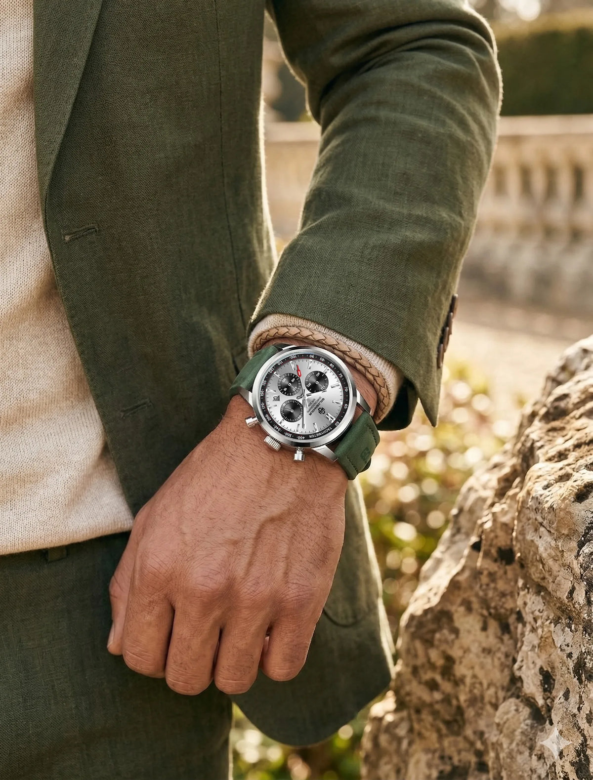 Reloj de lujo para hombre GOLDENHOUR: cronógrafo de cuarzo, esfera verde, correa de piel, resistente al agua, luminiscente, estilo militar y deportivo