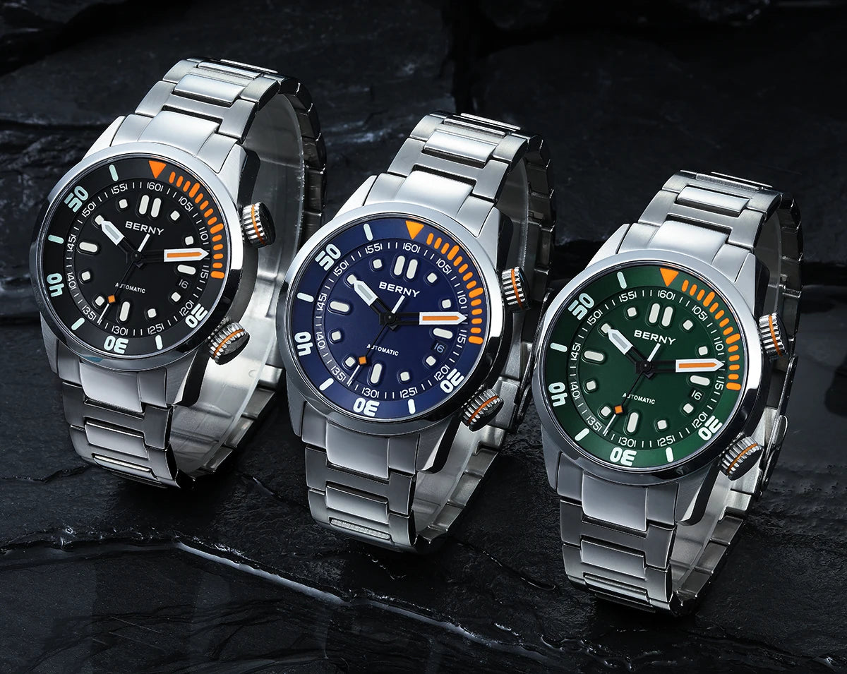 BERNY Automatic Dive Watch for Men Super Luminous 20ATM Diver Wristwatch Original Top Sapphire Swim Sport Mechanical Male Watch