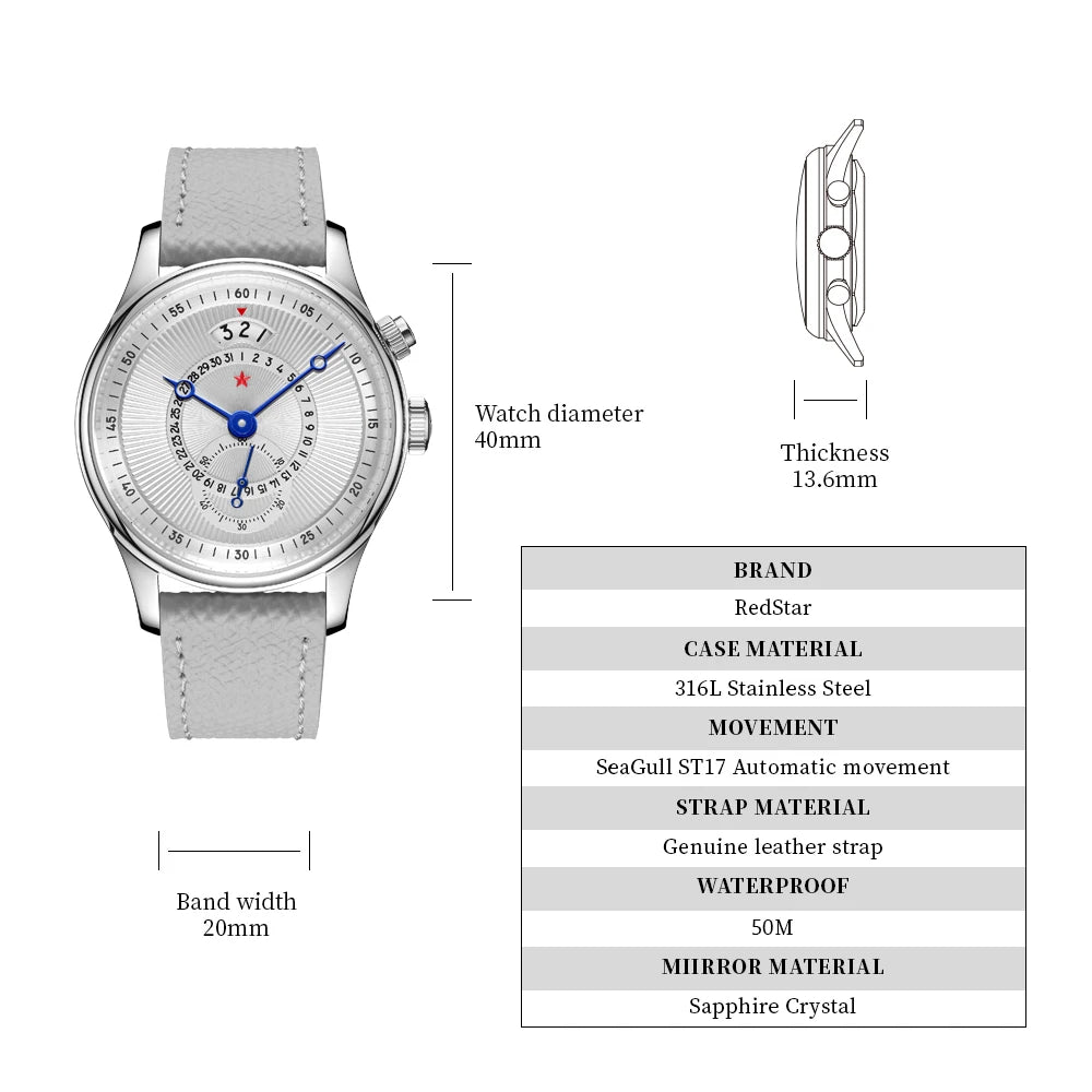 Red Star 40mm Premium Men's Watch with Seagull ST1716 Movement 3ATM Waterproof Calendar Automatic Mechanical Watch for Men