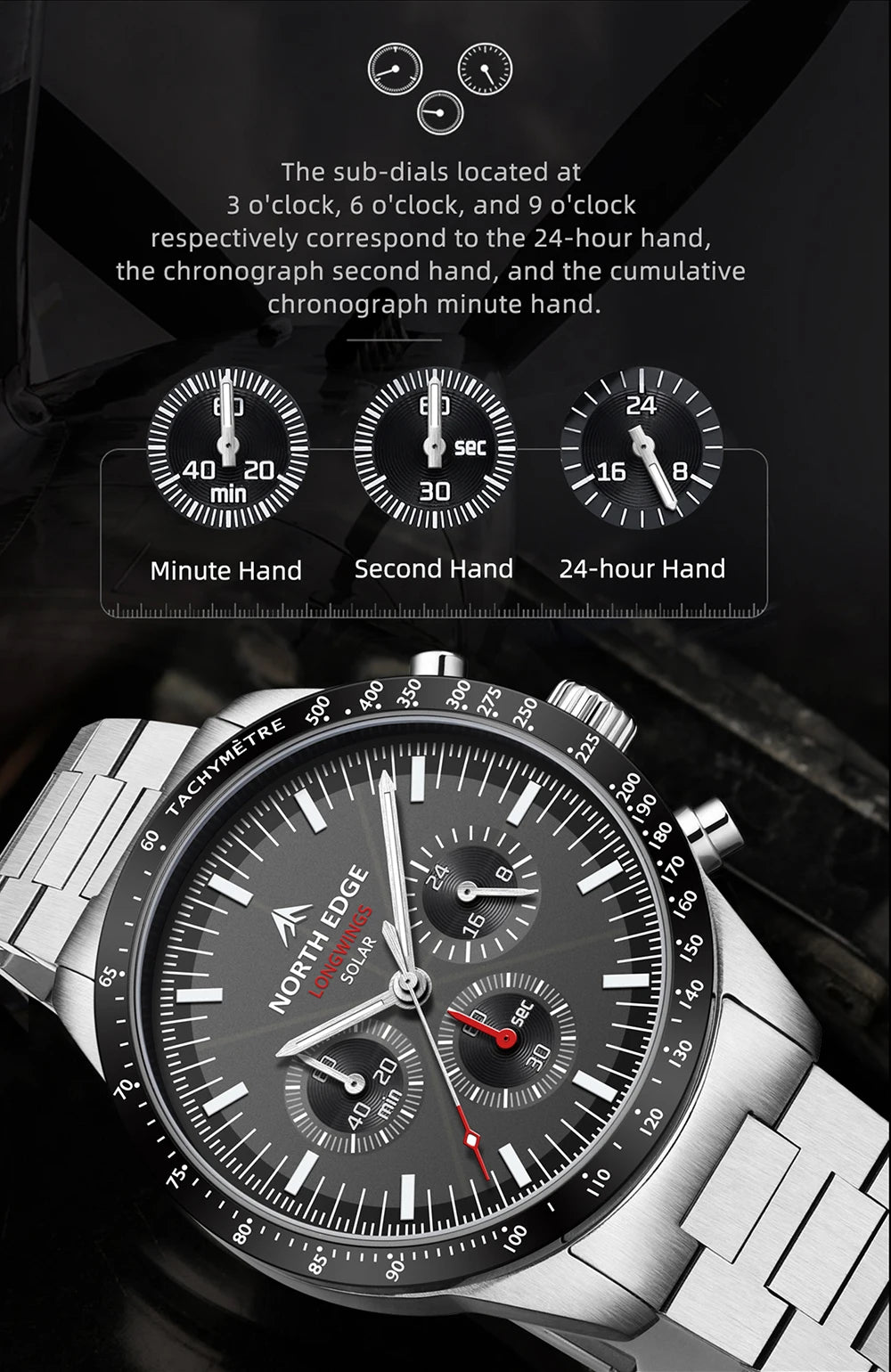 Relógio de Quartzo para Homem NORTH EDGE 2025 LONGWINGS, Alimentação Solar, Cronómetro, Impermeável 50M, Aço Inoxidável 316, Luminoso, Estilo Piloto