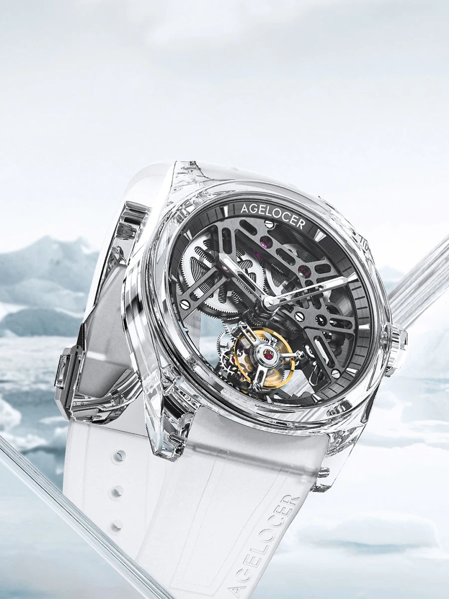 AGELOCER Limited Edition „Ice Never Melts“ Luxuriöse mechanische Handaufzugsuhr mit Free-sprung Crystal Tourbillon