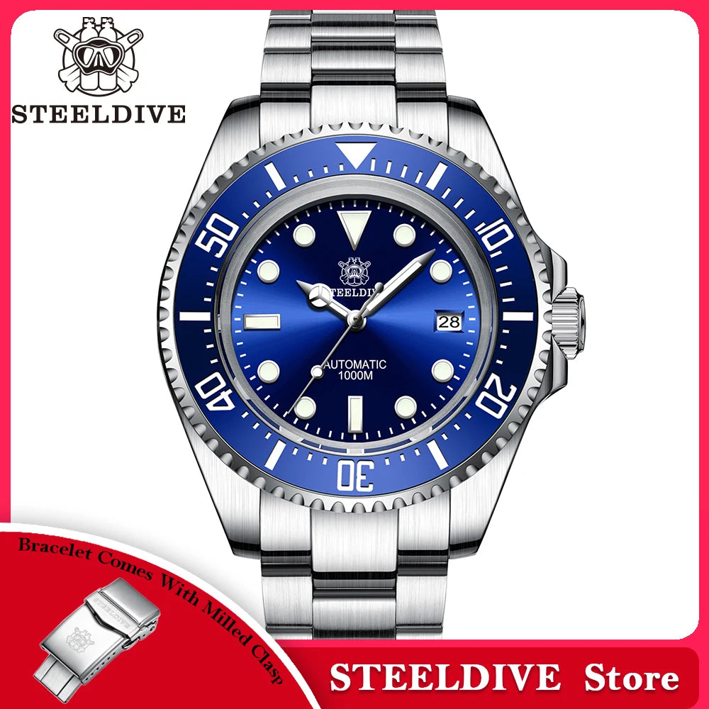 SD1964 STEELDIVE 1000M Waterproof 45.4MM Big Water Ghost Watch For Men Super BGW9 Blue Luminous Dive Watch with Valve
