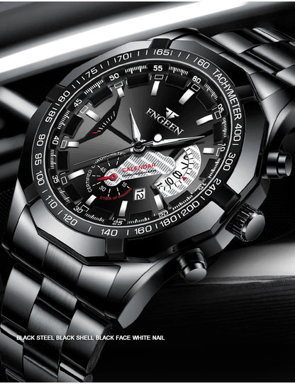 Montre-bracelet à quartz de luxe BINBOND pour homme, lumineuse, étanche, date automatique, en acier inoxydable
