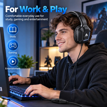 Casque de jeu D3, casque stéréo filaire à porter sur l’oreille, confortable, sans microphone, pour PC, ordinateur portable, écoute de musique et jeux.