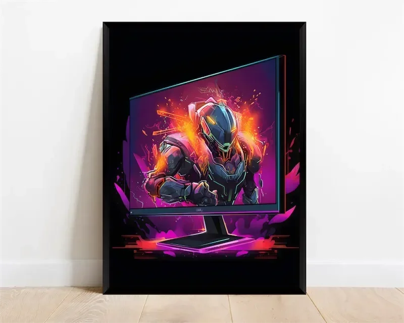 Pop-Neon-Poster mit Videospiel-Charakter, Gamepad, Kopfhörern, Fußball und Basketball – Leinwanddruck, Wandkunst-Dekor für das Gaming-Zimmer
