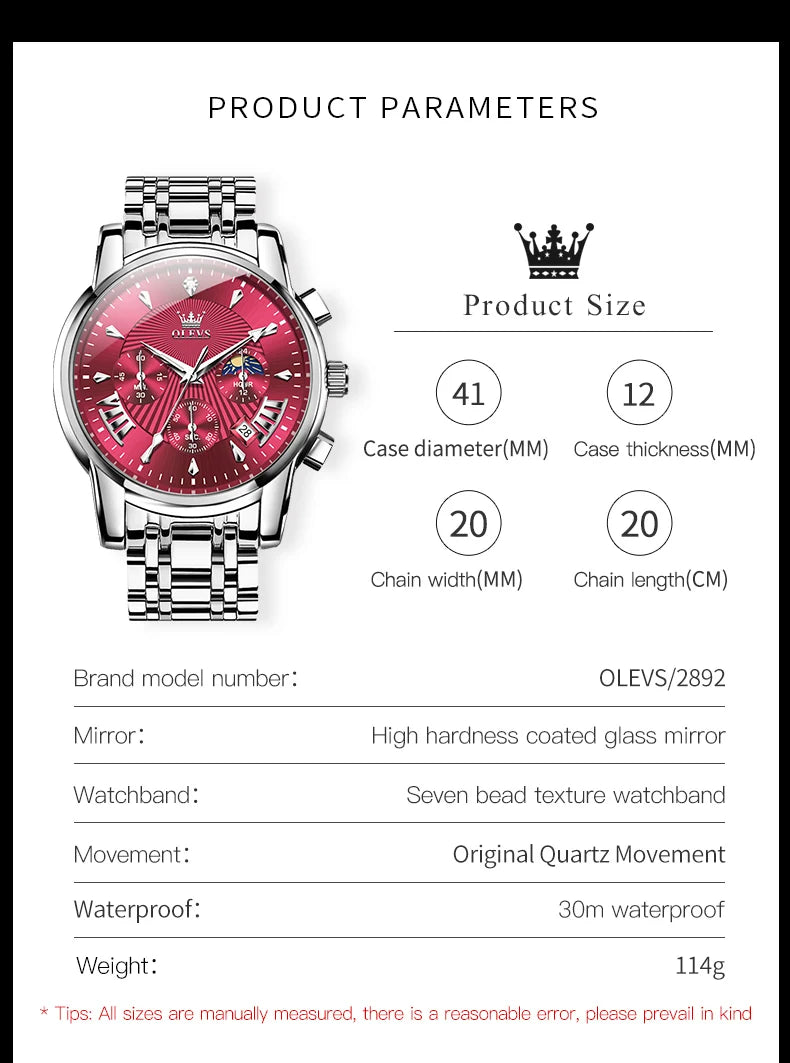 OLEVS Brand Fashion Red Watch For Men Luxury Sport Waterproof Stainless Steel Chronograph Quartz Watches Mens Relogio Masculino