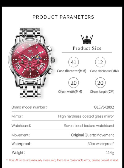 OLEVS Brand Fashion Red Watch For Men Luxury Sport Waterproof Stainless Steel Chronograph Quartz Watches Mens Relogio Masculino