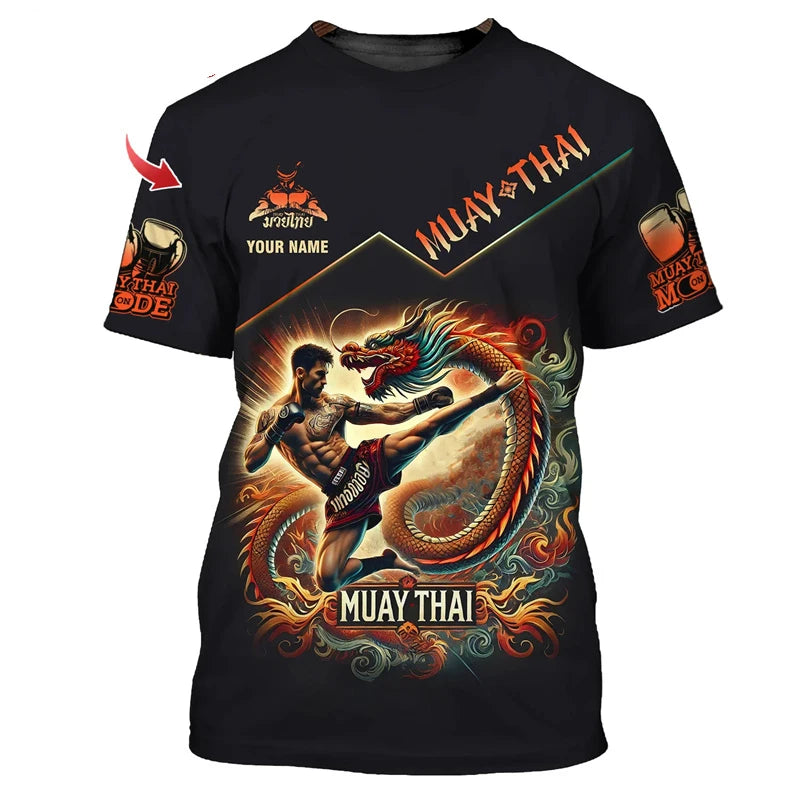 Camiseta gráfica nueva y moderna de Muay Thai para hombre, con estampado 3D de tigre y dragón, nombre personalizado, estilo único, camiseta de verano para gimnasio y fitness