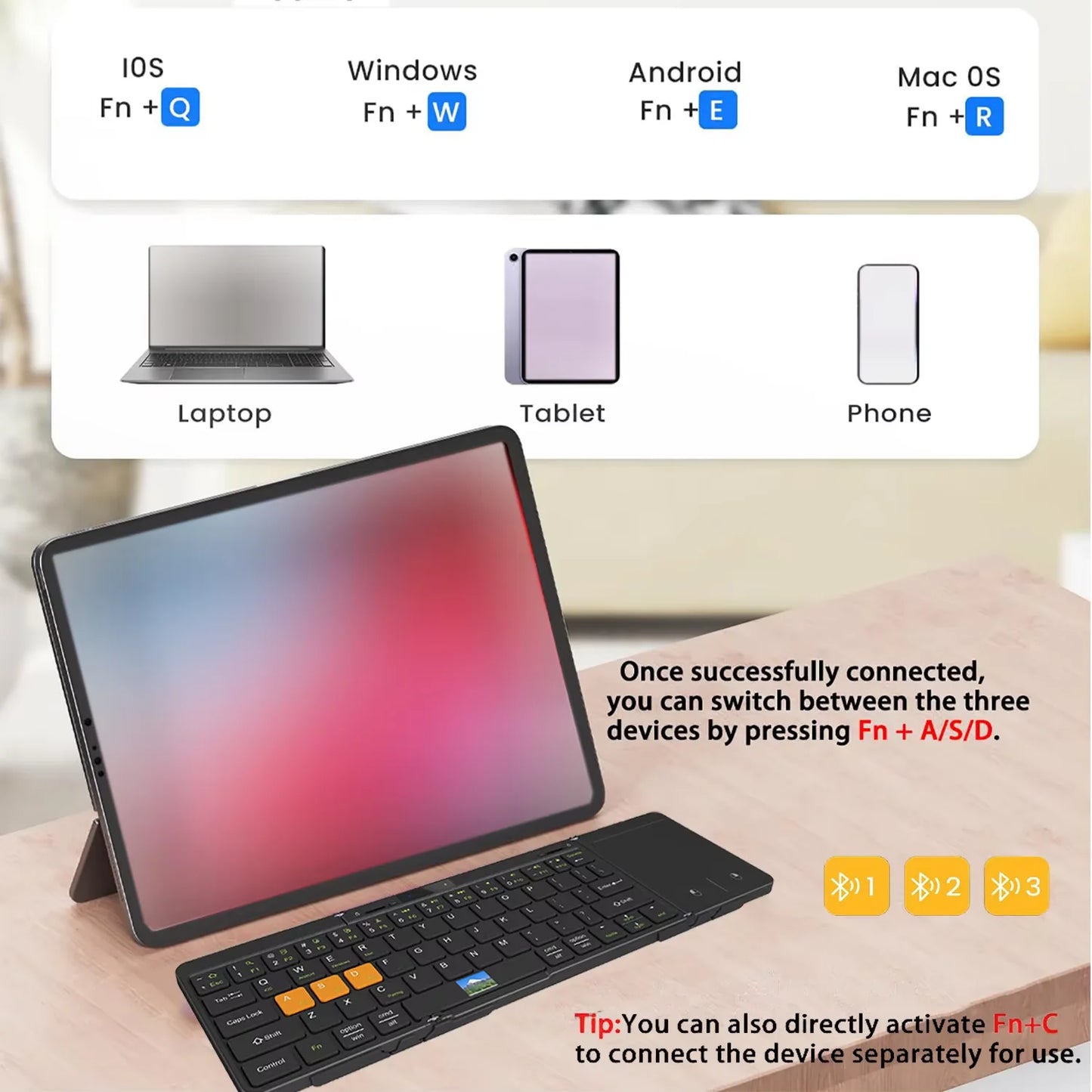 Folding Travel Keyboard with Touchpad &Display,Foldable Bluetooth Keyboard for Windows iOS Android,Multi Device Keyboard