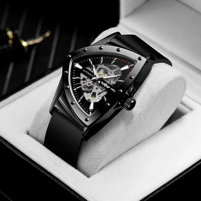 Orologio automatico da uomo WINNER, design scheletrato triangolare, lancette luminescenti, cinturino in gomma, stile militare, orologio meccanico di lusso