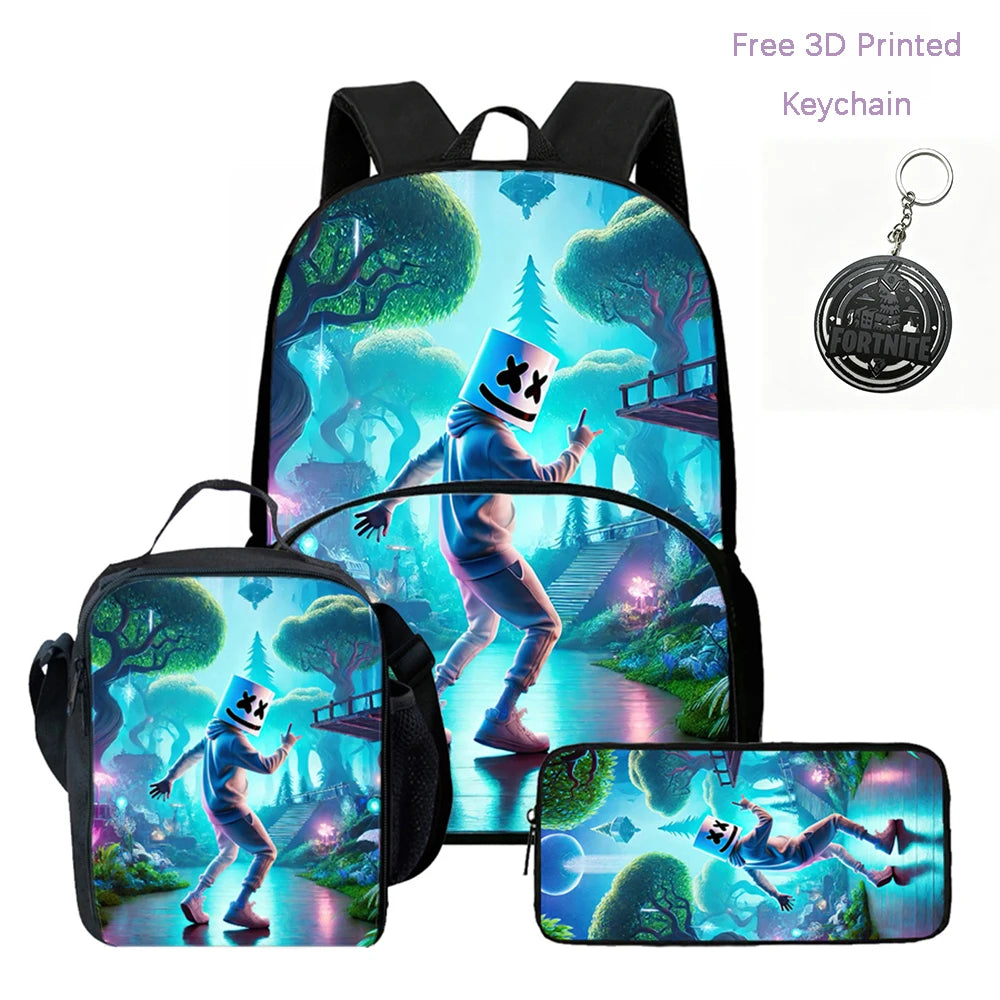 Conjunto FORTNITE leve de 3 peças: mochila com bolso frontal, lancheira e estojo, com porta-chaves 3D impresso grátis, para meninos, meninas e crianças dos 5 aos 10 anos