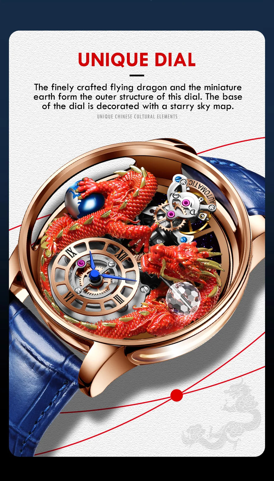 PINDU Design Celestial Body Series Traditionnelle Artisanat Three Dimensional Dragon Men Watch Curved Mirror Transparent Globe
