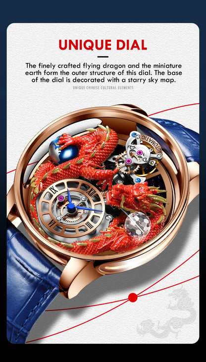 PINDU Design Celestial Body Series Traditionnelle Artisanat Three Dimensional Dragon Men Watch Curved Mirror Transparent Globe