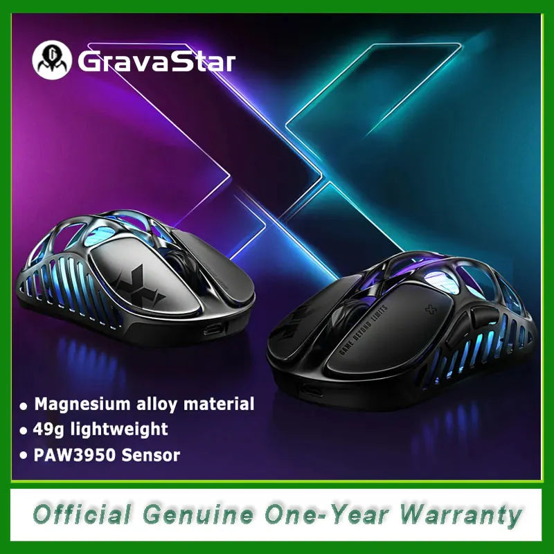 GravaStar Mercury X Wireless Gaming Mouse – 32,000 DPI PAW 3950 Sensor, 1000Hz Polling Rate, Only 49g, Magnesium Alloy Hollow F