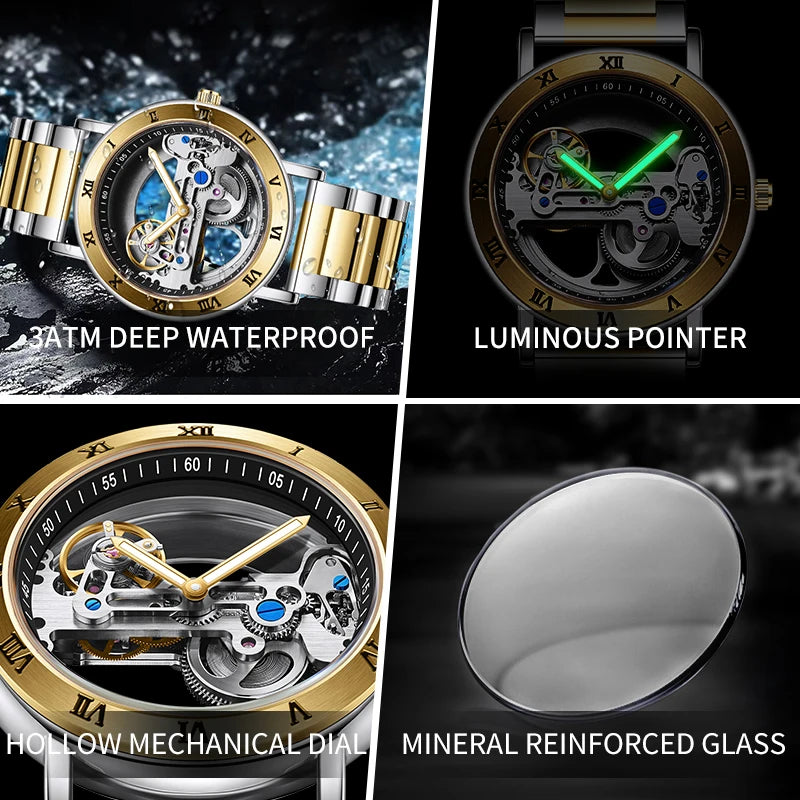 AKDPN Men's Watches Automatic Mechanical Stainless Steel Men's Wrist Watch Skeleton Automatic Watches for Man Watch Montre Homme